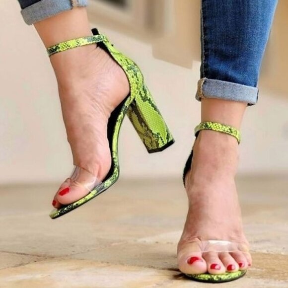 Shoes - Neon Snakeskin Chunky Heel Sandals Women's Ankle Strap Open Round Toe Padded